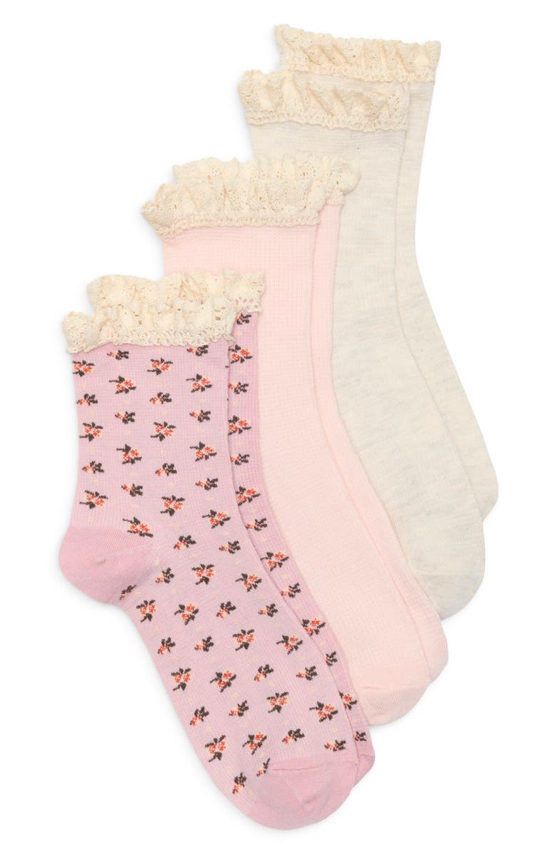 NORDSTROM RACK Pack of 3 Ruffle Trim Crew Socks, Main, color, Dusty Pink Floral Multi