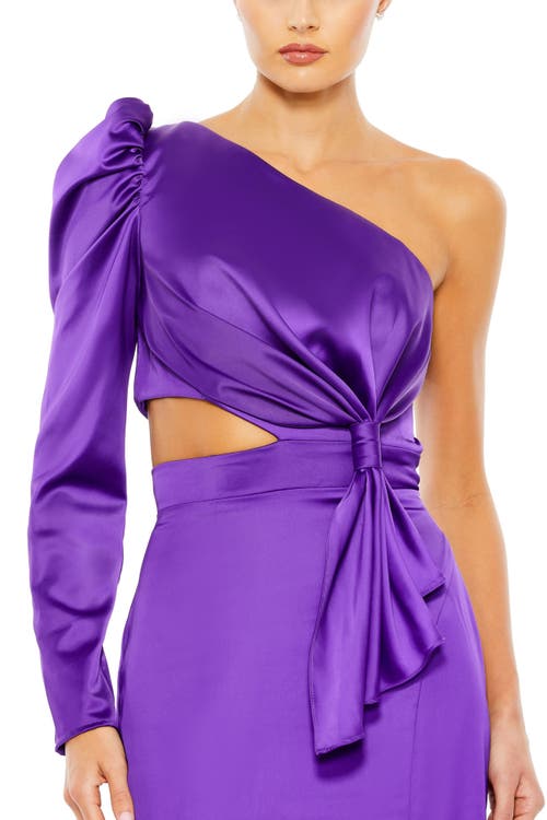 Mac Duggal Side Knot One-sleeve Puff Cutout Evening Dress In Purple