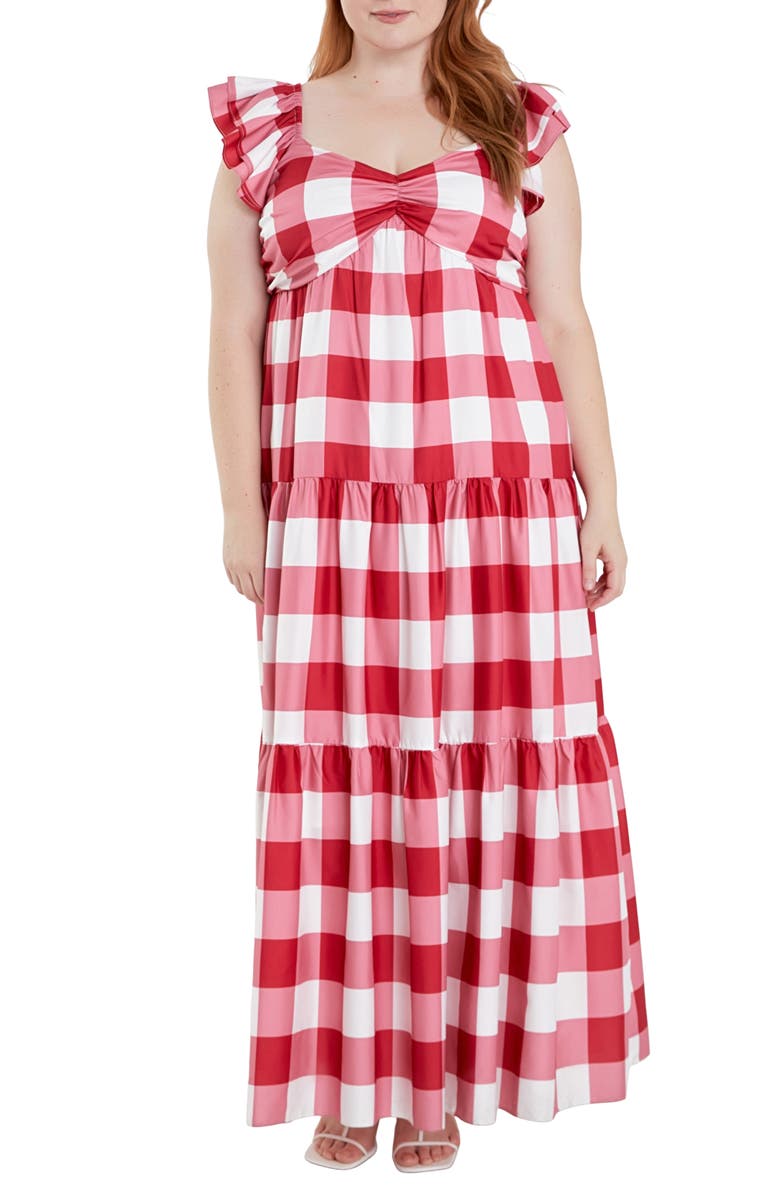 English Factory Gingham Tiered Maxi Dress, Main, color, Red/ White