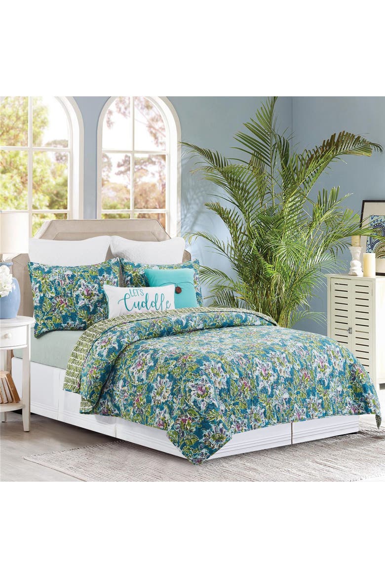 Violet Purple Blue & Green Flora Quilt Set, Main, color, Blue