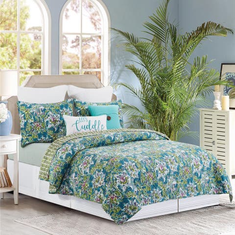 Violet Purple Blue & Green Flora Quilt Set