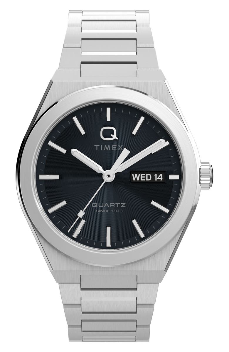 Timex<sup>®</sup> Q Continental Blue Dial Bracelet Watch, 39mm, Main, color, Black