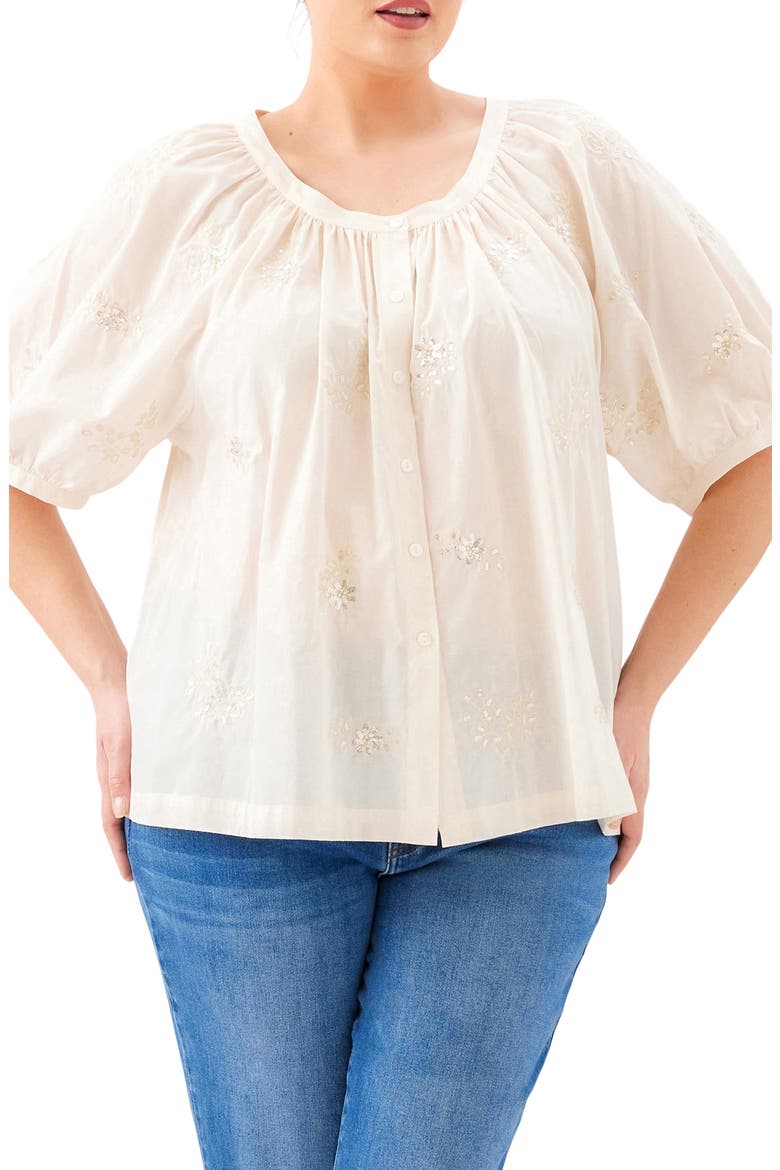 Floral Embroidered Button-Up Peasant Top, Main, color, NATURAL
