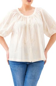 Karen Kane Floral Embroidered Button-Up Peasant Top