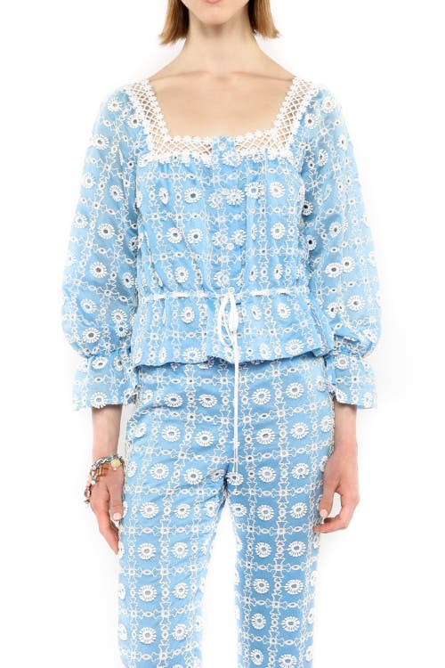 Anna Sui Lattice Lace Embroidery Top In Baby Blue
