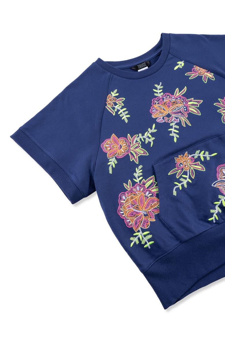 Truce Kids' Floral Embroidered Short Sleeve Sweatshirt, Alternate, color, Navy