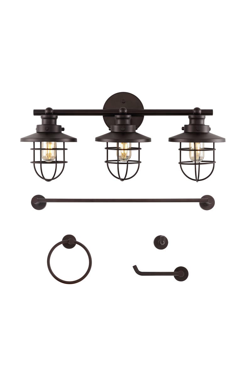 JONATHAN Y Ellis 24" 3-Light Industrial Farmhouse Vanity Light with Bathroom Hardware Accessory Set, Main, color, 