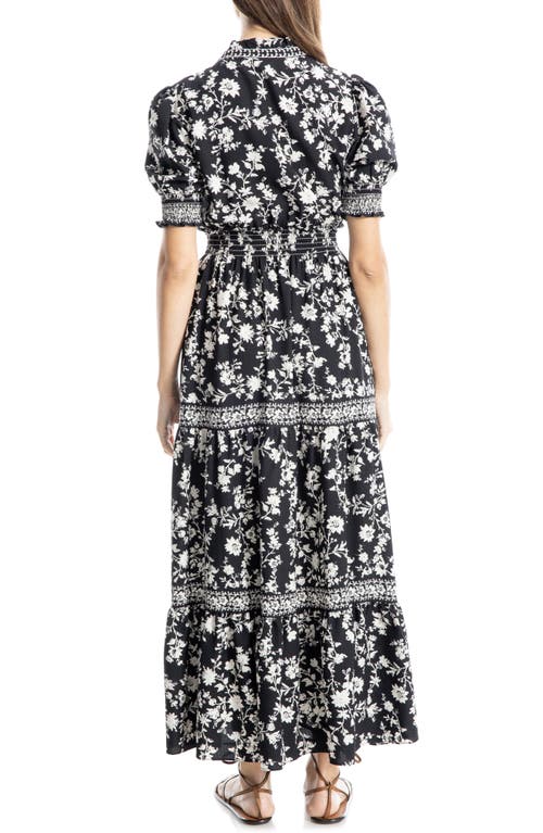 Max Studio Floral Short Sleeve Tiered Maxi Dress In Blk/ivry Slhtt Vine