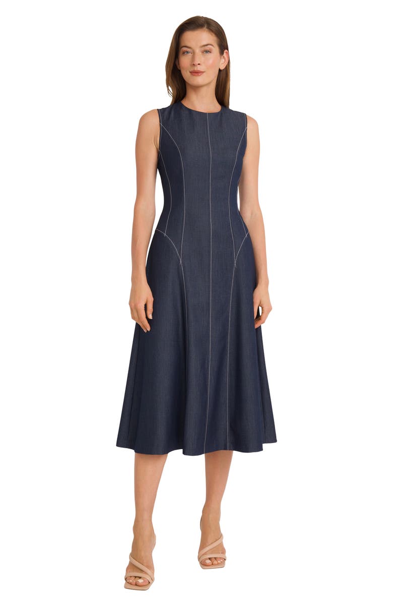 Maggy London Contrast Stitch Sleeveless Denim Midi Dress, Alternate, color, Indigo Denim