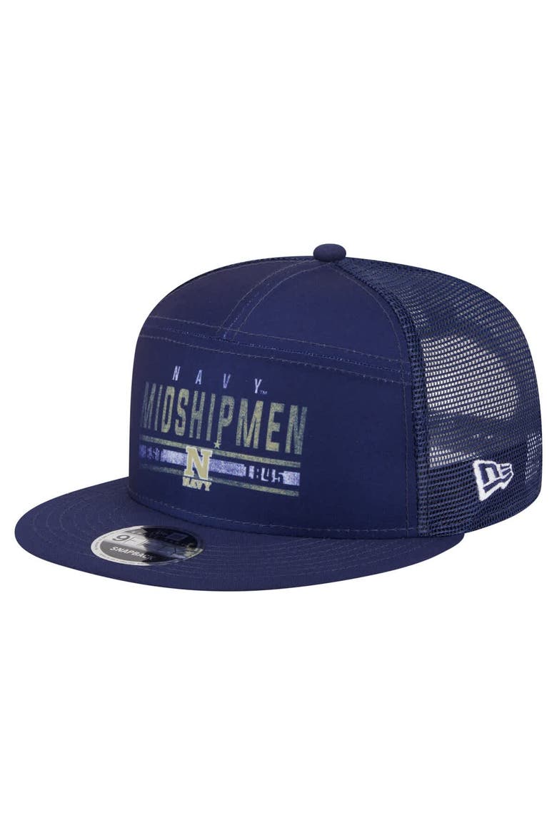 Men's New Era Navy Navy Midshipmen Split Panel 9FIFTY Snapback Trucker Hat, Main, color, Navy