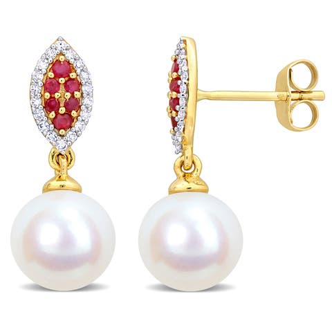 Pearl Gemstone & Diamond Earrings 14k