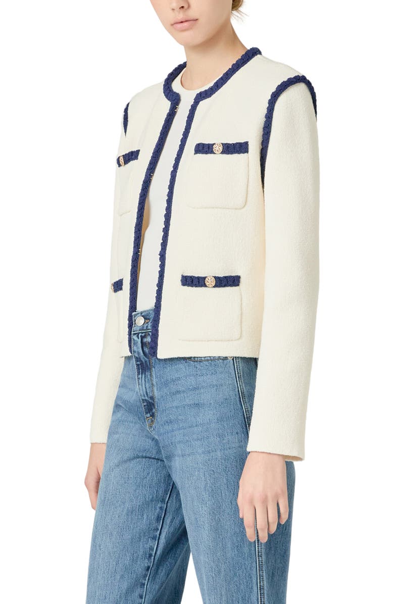 Endless Rose Braided Trim Knit Jacket, Alternate, color, Cream/ Black