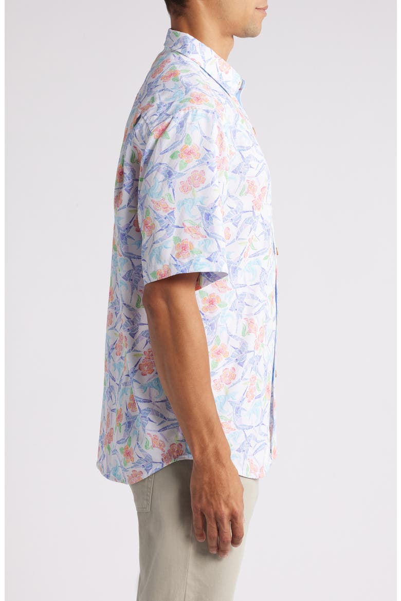 Coconut Point Marlin Mania Floral IslandZone® Short Sleeve Performance Button-Up Shirt, Alternate, color, WHITE
