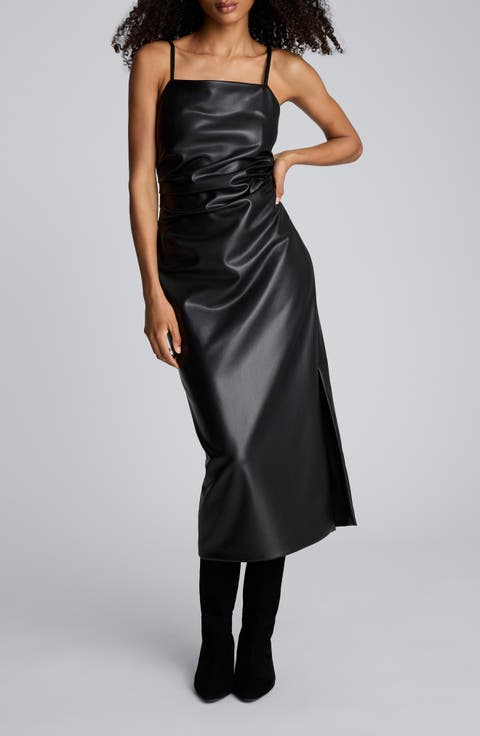 Side Pleat Faux Leather Midi Dress