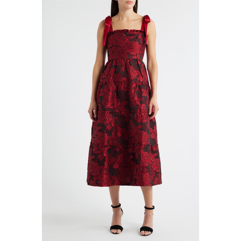 Zoe And Claire Floral Jacquard Sleeveless Dress In Red