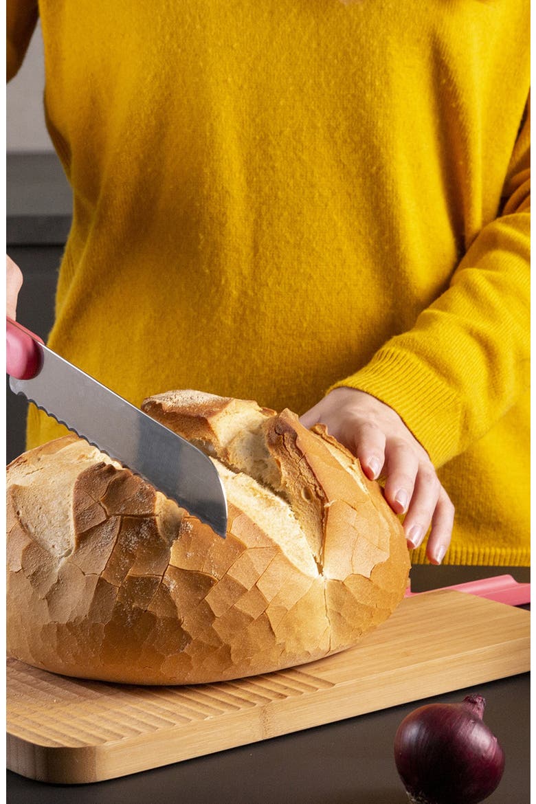 Bamboo Chopping Board with Serrated Bread Knife, Alternate, color, PINK