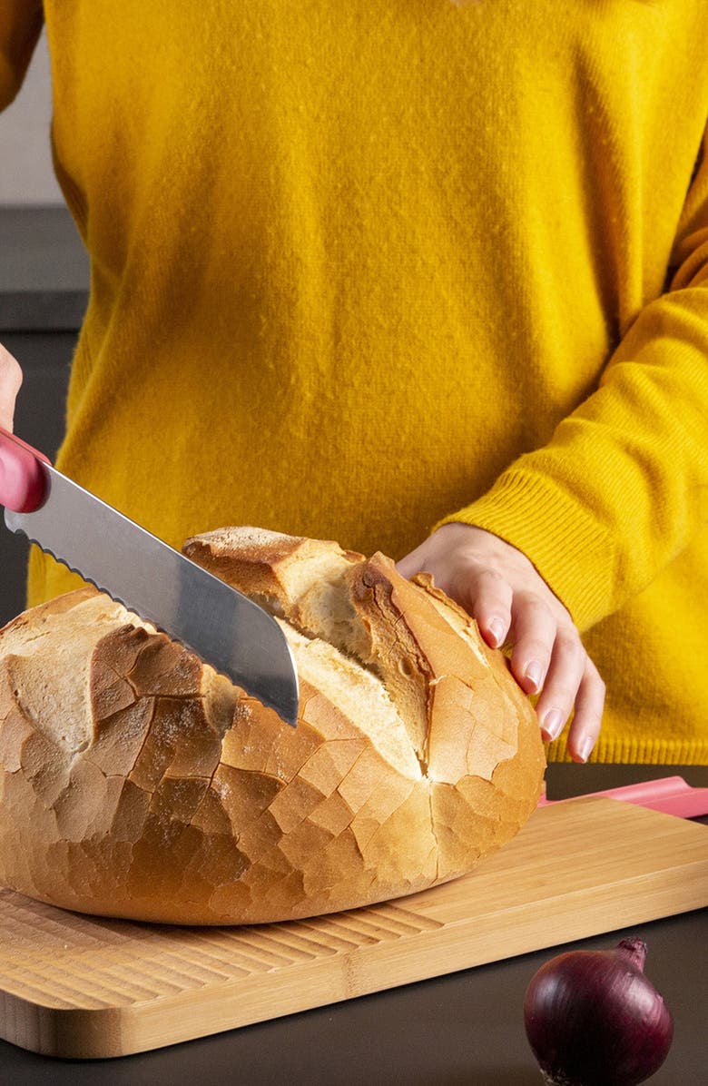 TREBONN Bamboo Chopping Board with Serrated Bread Knife, Alternate, color, Pink