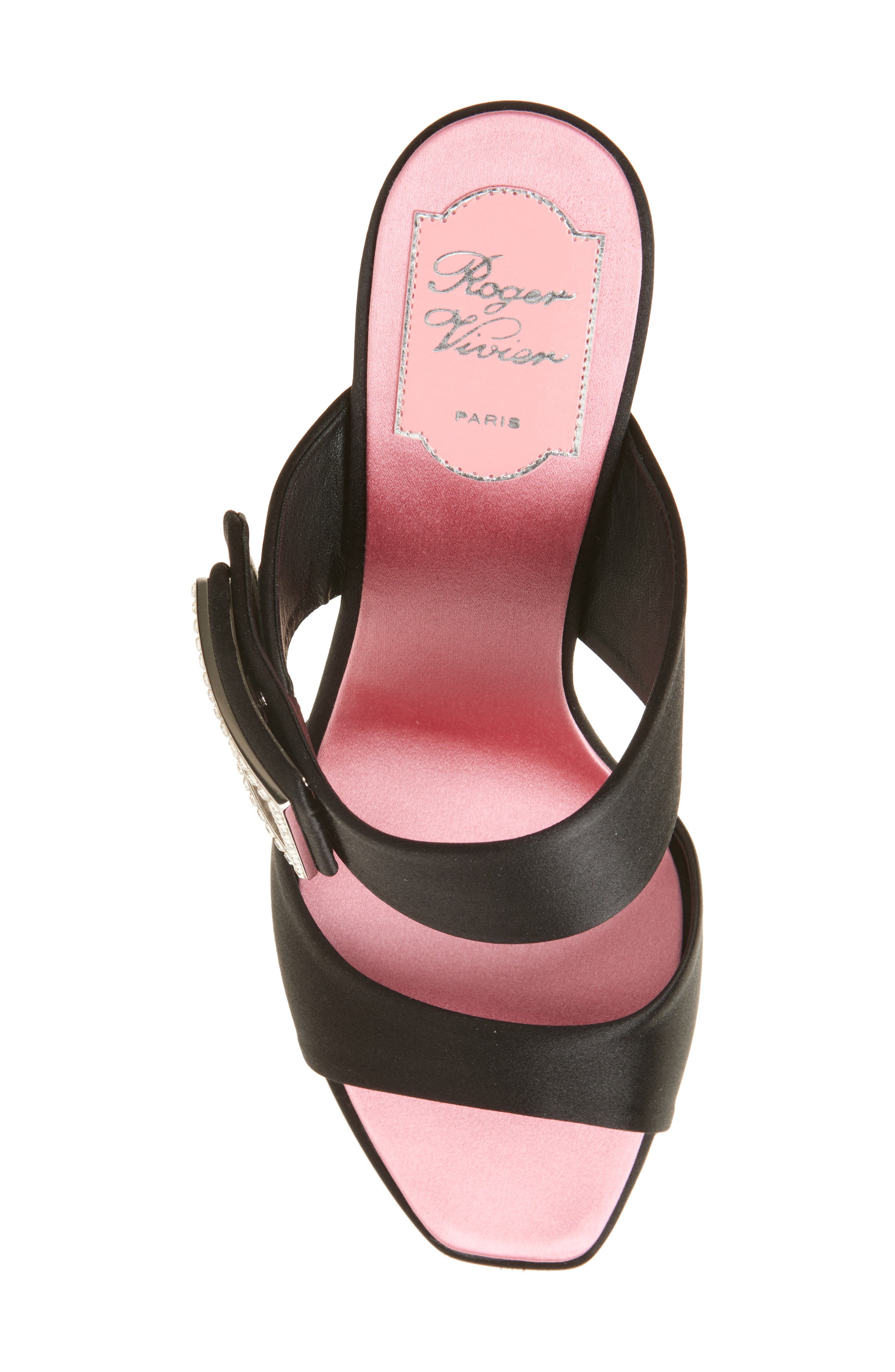 Roger Vivier Trompette Crystal Buckle Satin Sandal, Alternate, color, Nero