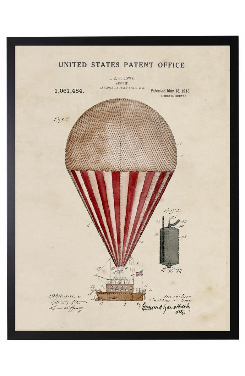 Antique Curiosities Red Hot Air Balloon Patent in Black Frame, Main, color, NO COLOR
