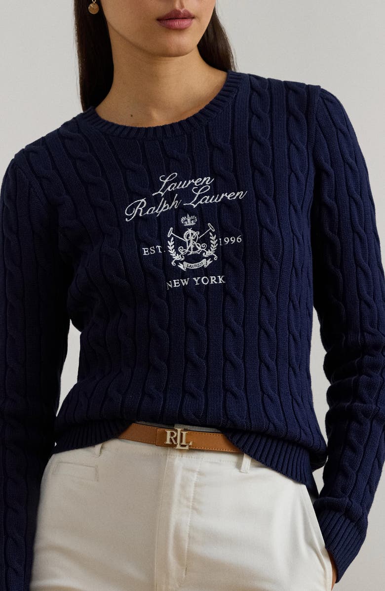 Lauren Ralph Lauren Cable Knit Embroidered Sweater, Alternate, color, Navy Blue