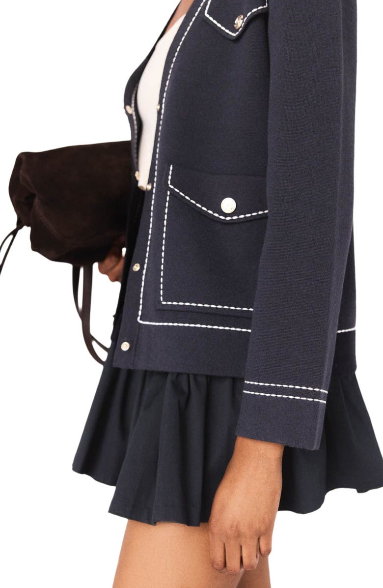 maje Long topstitched knit cardigan, Alternate, color, Navy