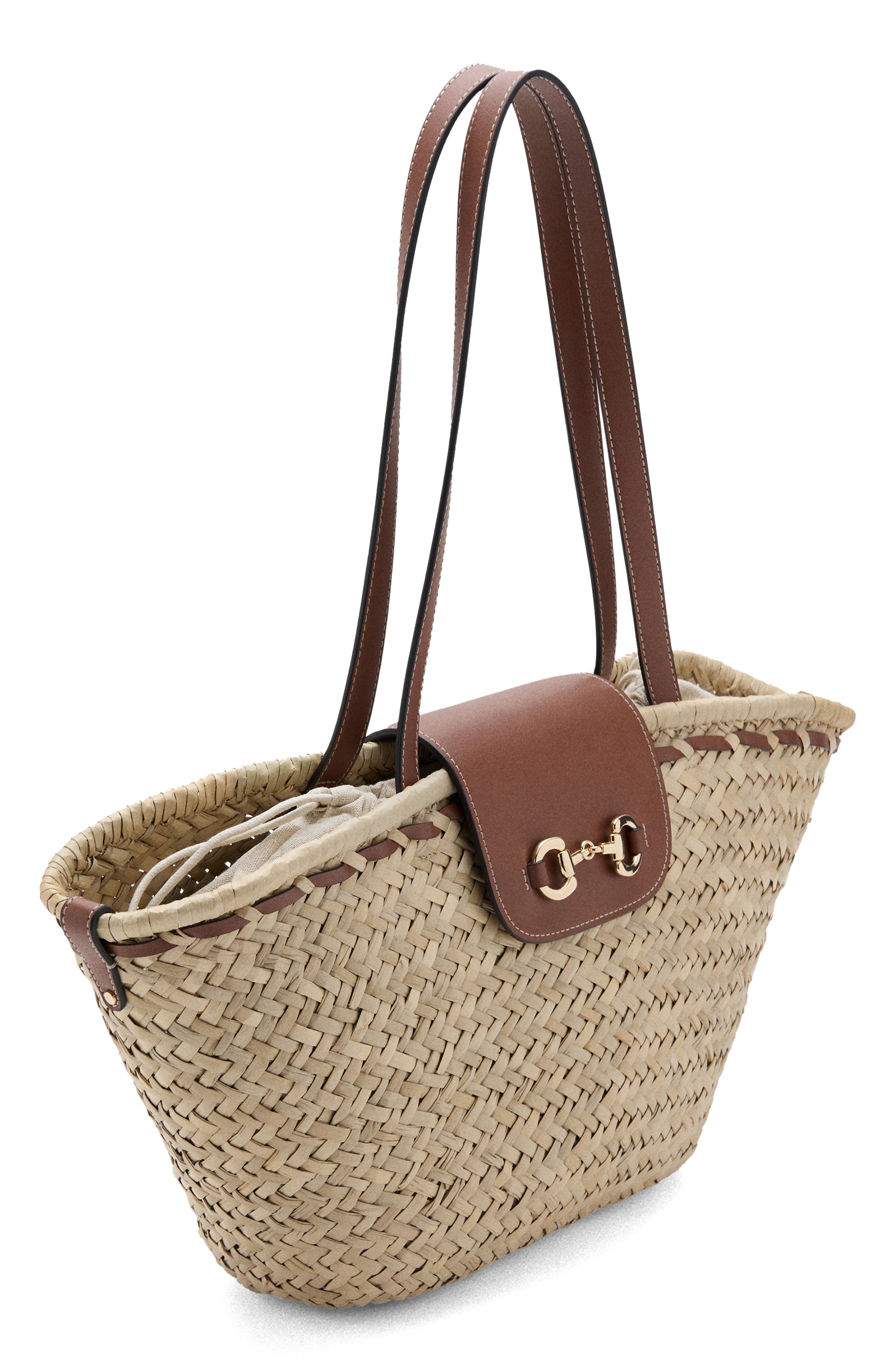 MANGO Medium Natural Fiber Shoulder Bag, Alternate, color, Natural/ Leather