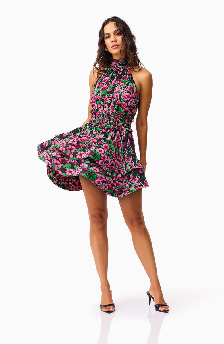 Elliatt Estelle Metallic Floral Smocked Waist Fit & Flare Minidress, Alternate, color, Black Multi