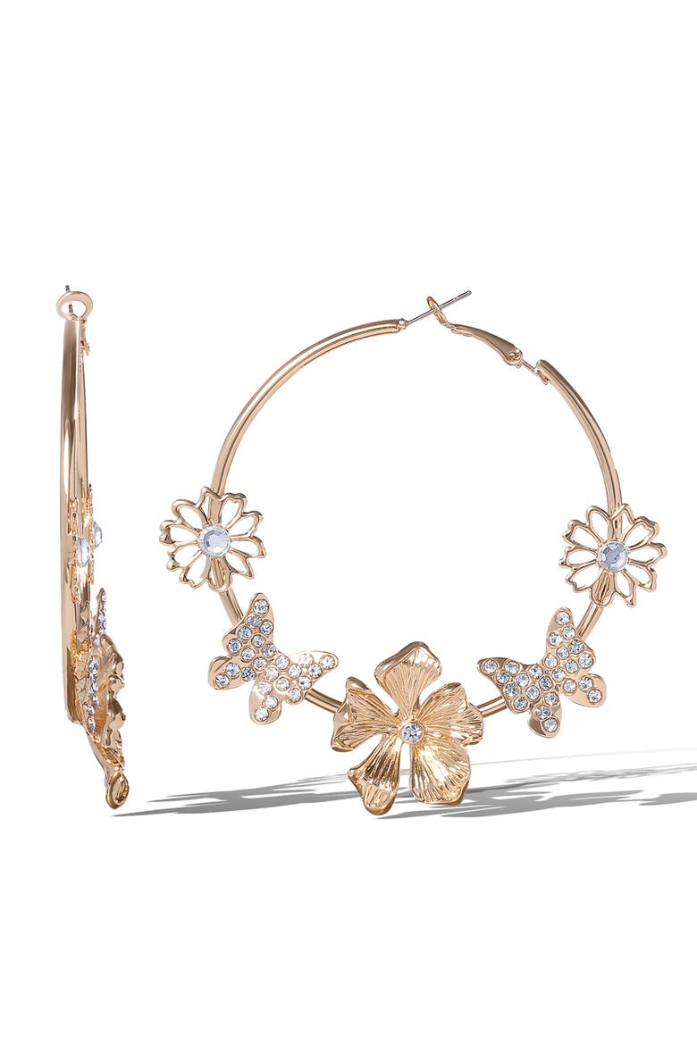 Flower and Butterlfy Hoop Earrings, Alternate, color, Gold