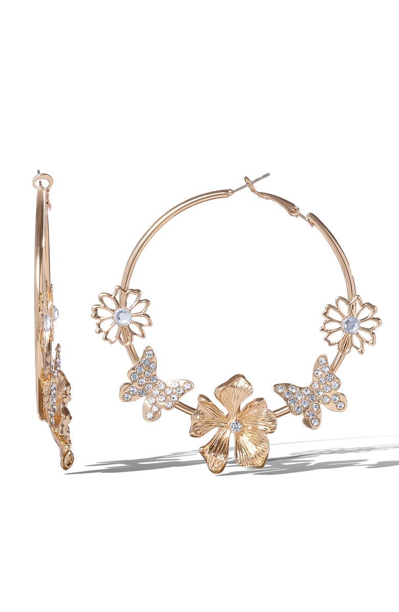 Jessica Simpson Flower and Butterlfy Hoop Earrings, Alternate, color, Gold
