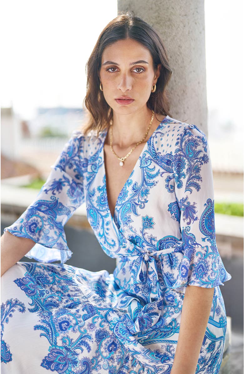 Yumi 3/4 Sleeves Paisley Wrap Midi Dress, Alternate, color, Blue