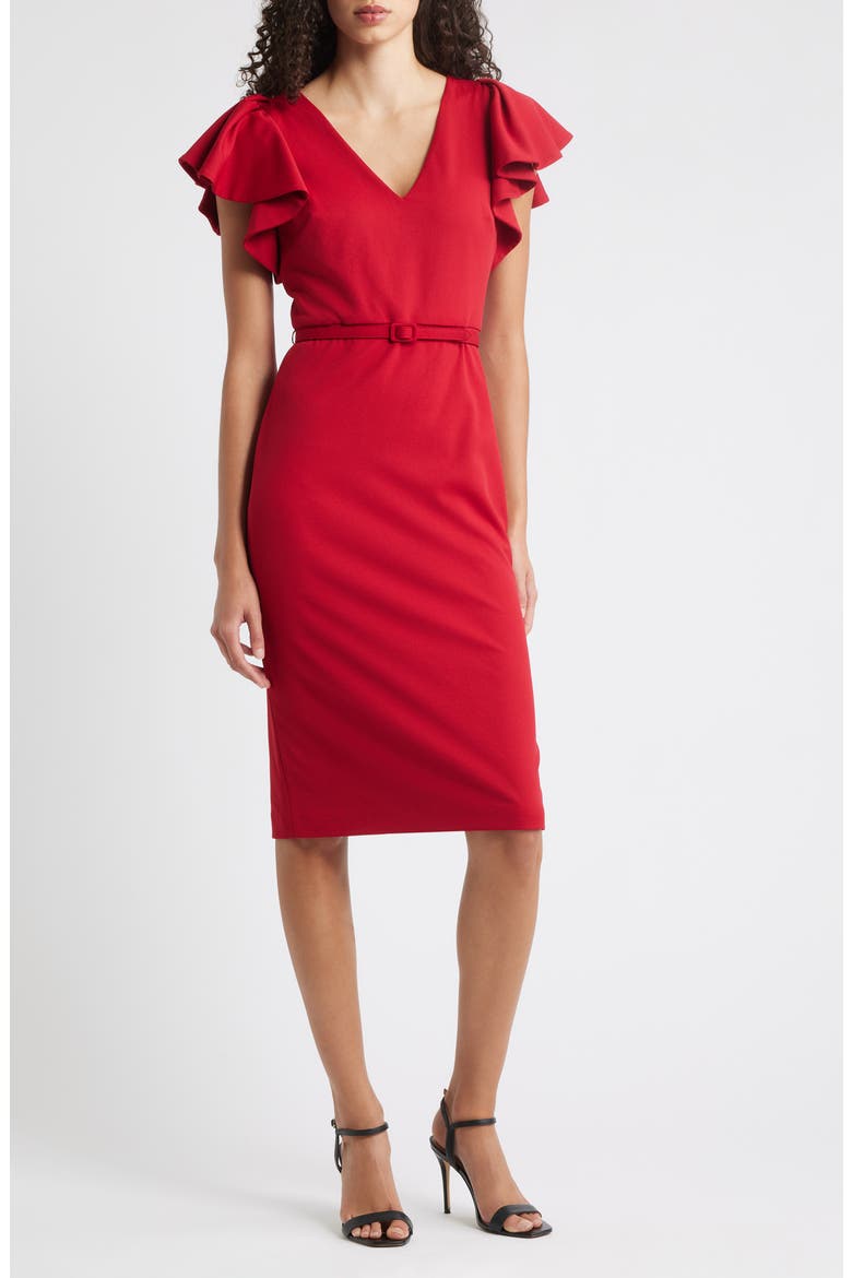 Belted Flutter Sleeve Sheath Dress, Main, color, TITIAN RED