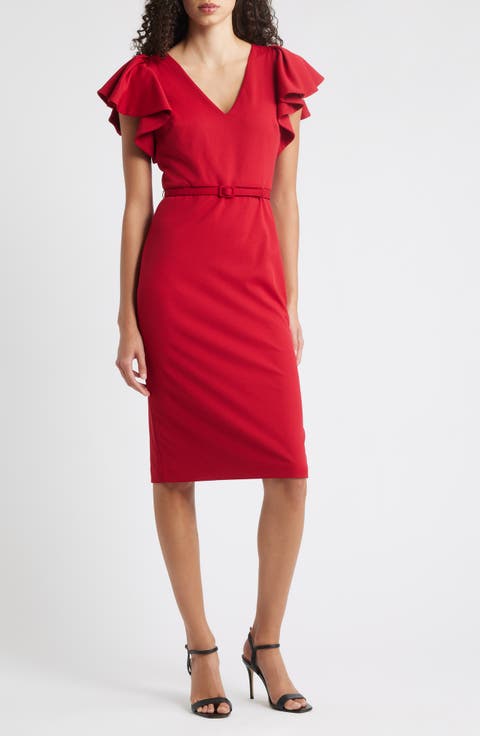 Belted Flutter Sleeve Sheath Dress