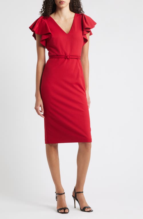Anne Klein Belted Flutter Sleeve Sheath Dress In Red