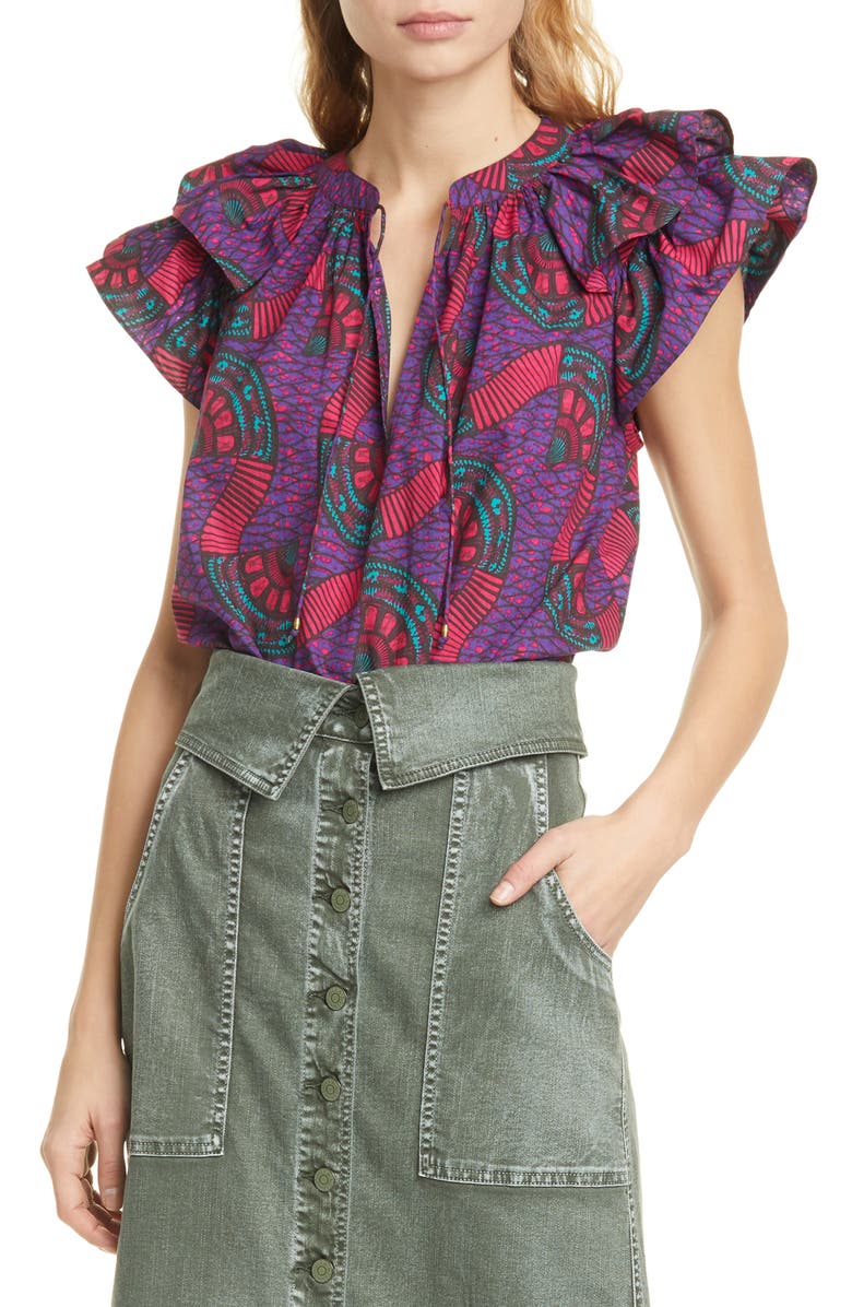 Ulla Johnson Elm Flutter Sleeve Cotton Top, Main, color, 