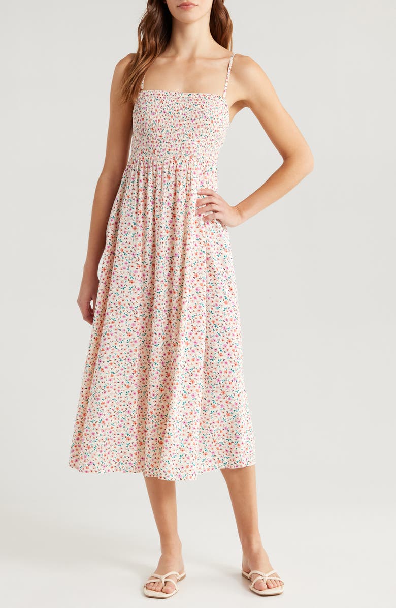Billabong Off the Coast Floral Smocked Midi Dress, Alternate, color, White Cap