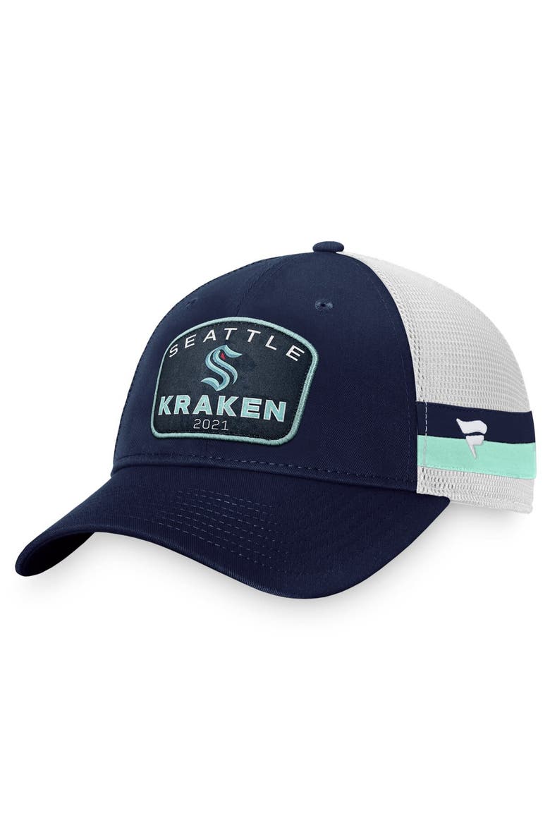 Men's Fanatics Branded Deep Sea Blue/White Seattle Kraken Fundamental Striped Trucker Adjustable Hat, Main, color, Navy