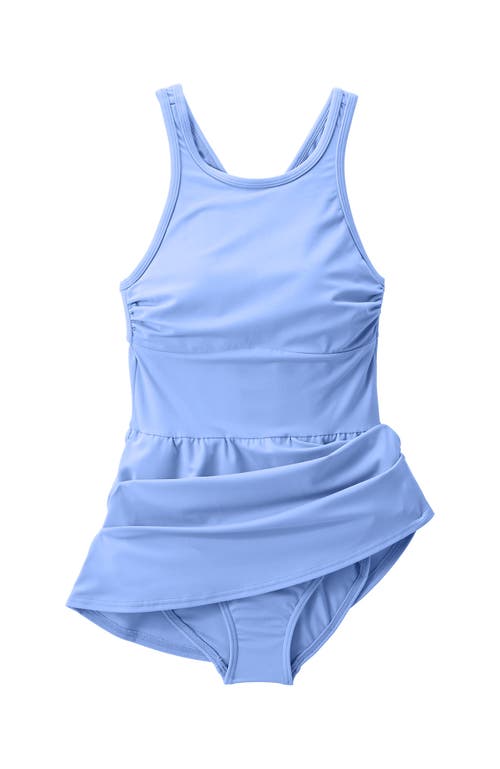 Lands' End Chlorine Resistant Tugless High Neck Swim Dress One Piece Swimsuit In Blue