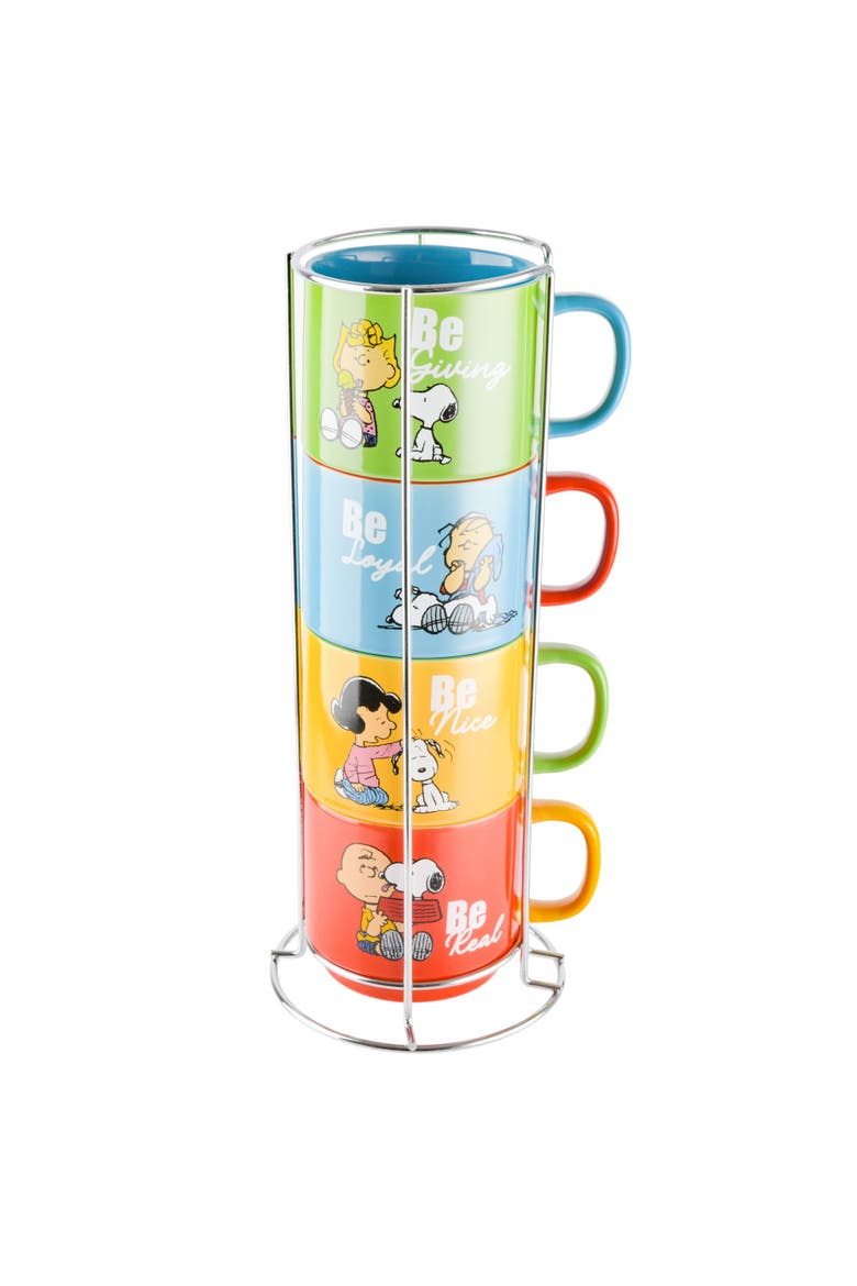 Snoopy Stackable Stoneware Mug Set with Rack, Main, color, Assorted Colors