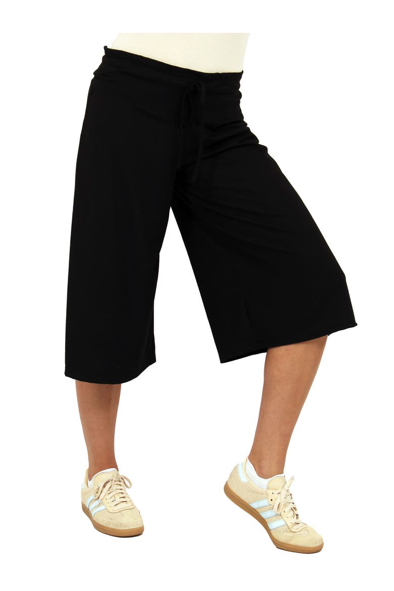 Womens Basic Ribbed Knit Drawstring Flared Capri Pants, Alternate, color, Black