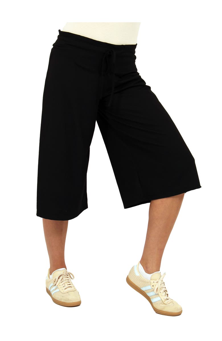 24seven Comfort Apparel Womens Basic Ribbed Knit Drawstring Flared Capri Pants, Alternate, color, Black