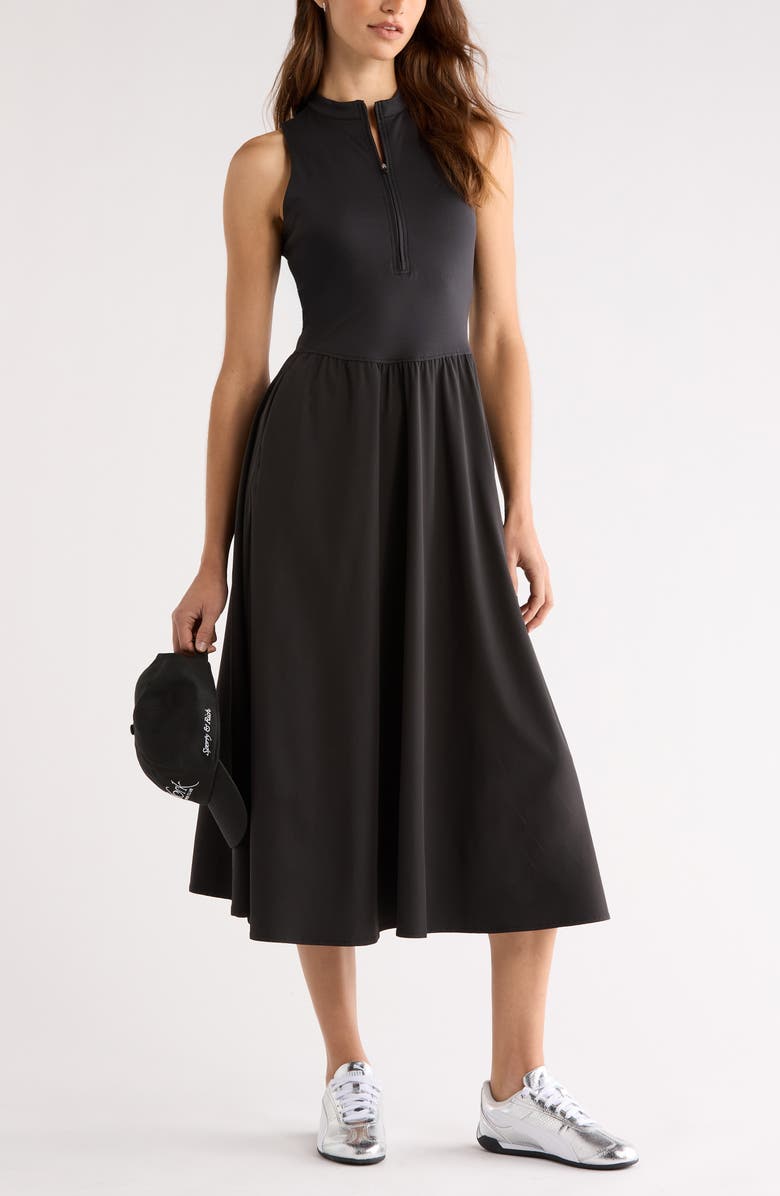 Zella Atlas Zip Front Sleeveless Midi Dress, Alternate, color, Black