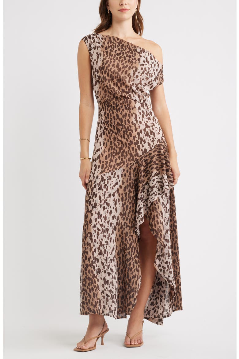 Cascading Off the Shoulder Evening Dress, Main, color, TAN- BLACK LEOPARD SPOT