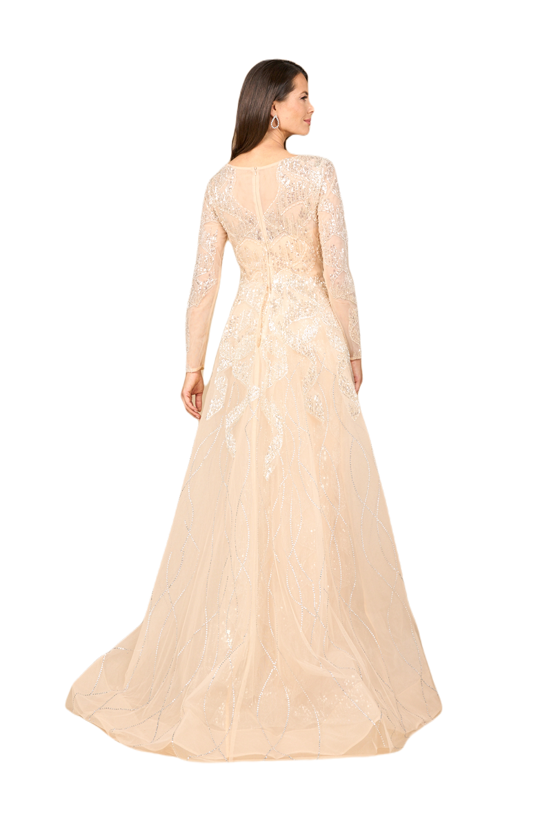 LARA New York Long Sleeve Gown with Overskirt & High Neck, Alternate, color, Champagne