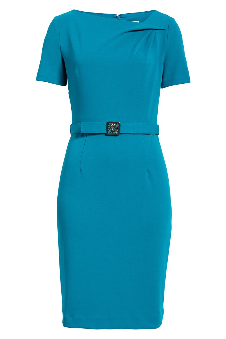 Asymmetric Neck Scuba Crepe Sheath Dress, Alternate, color, TEAL