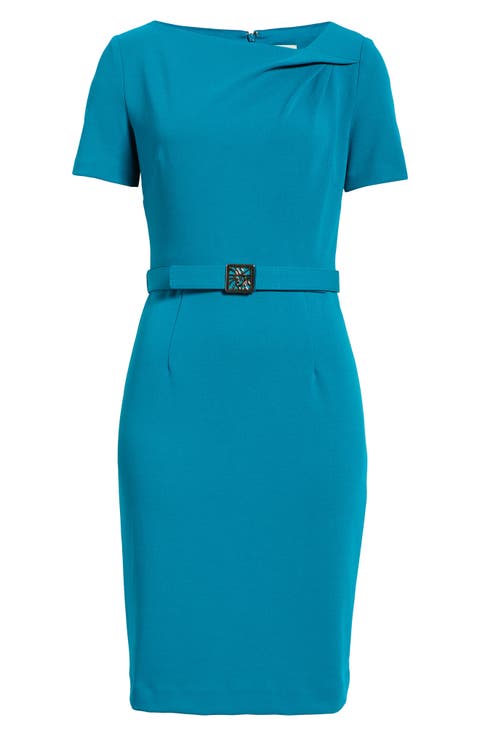 Asymmetric Neck Scuba Crepe Sheath Dress
