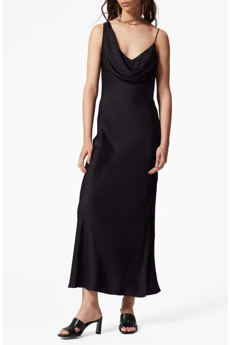 Asymmetric Cowl Neck Satin Midi Dress, Main, color, BLACK DARK