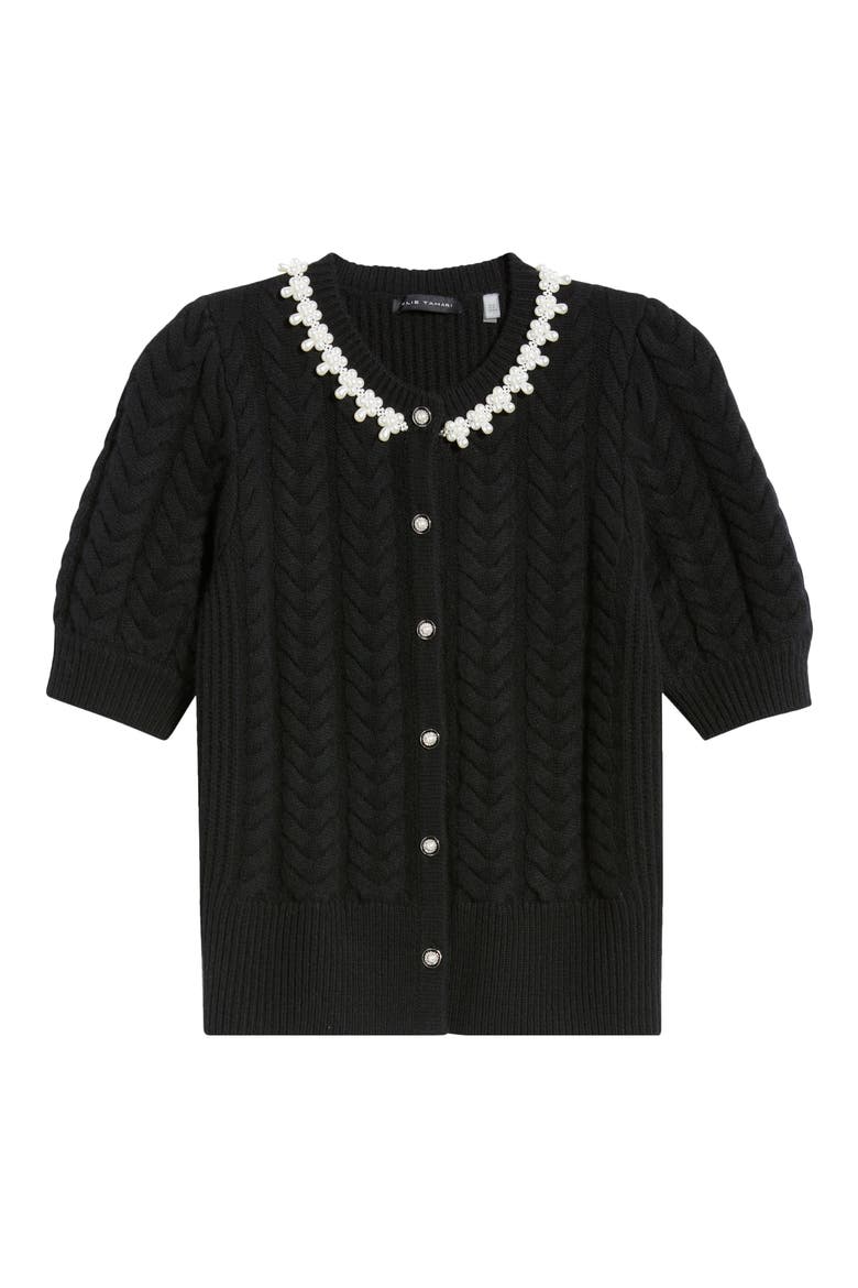 Ella Embellished Neck Short Sleeve Cable Cardigan, Alternate, color, NOIR