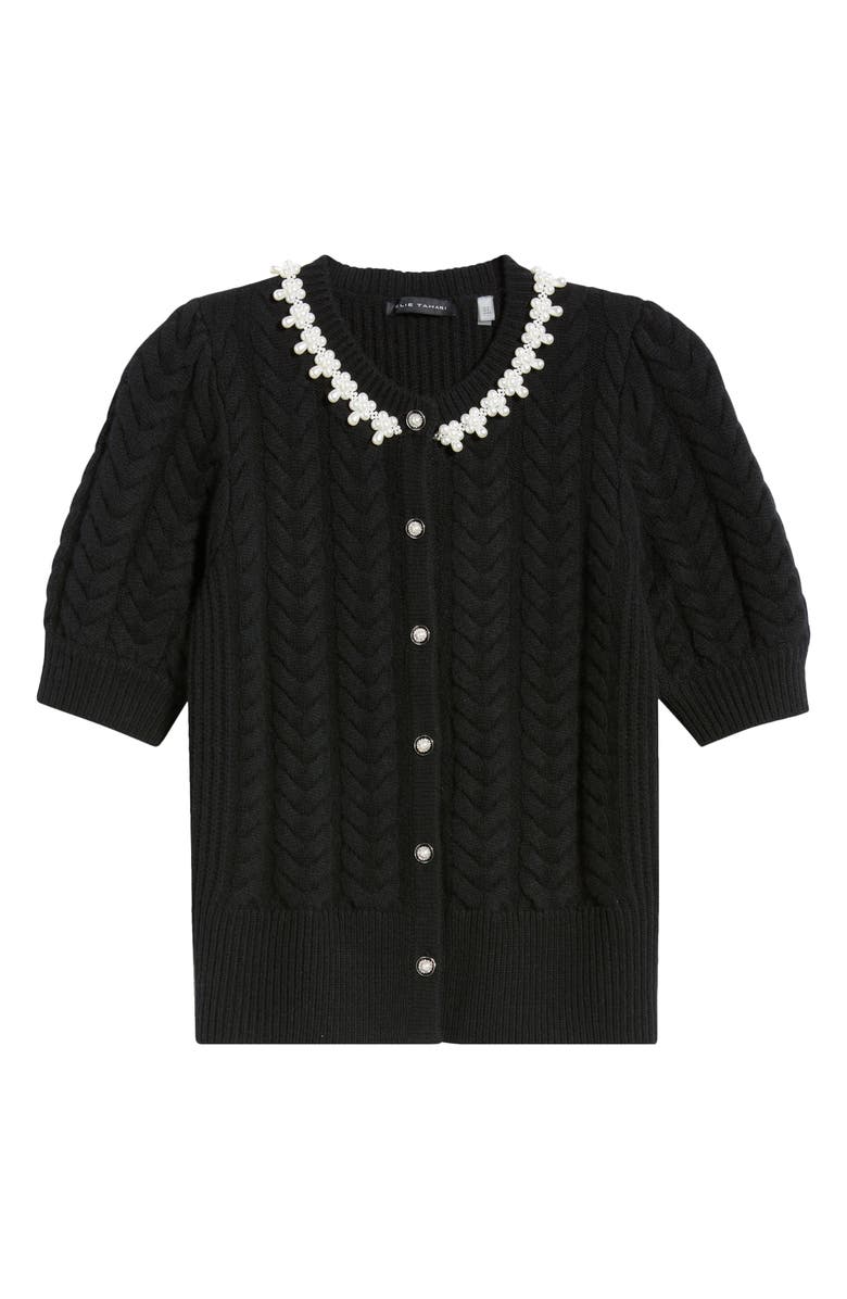 Elie Tahari Ella Embellished Neck Short Sleeve Cable Cardigan, Alternate, color, Noir