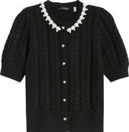 Elie Tahari Ella Embellished Neck Short Sleeve Cable Cardigan