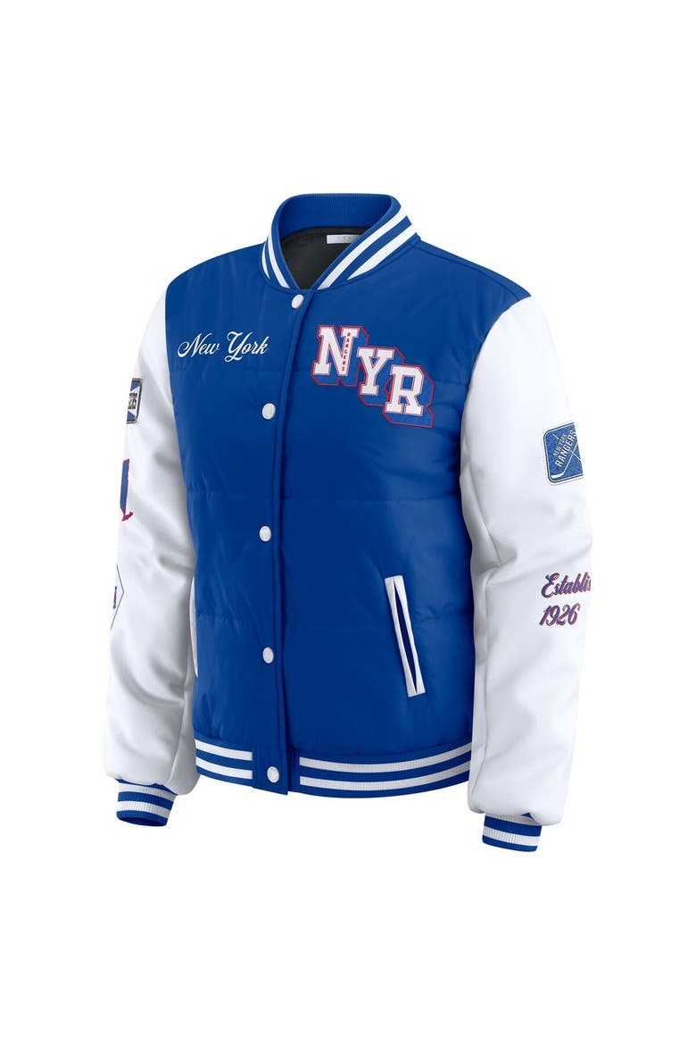 Women's WEAR by Erin Andrews Blue/White New York Rangers Varsity Full-Snap Puffer Jacket, Alternate, color, Blue